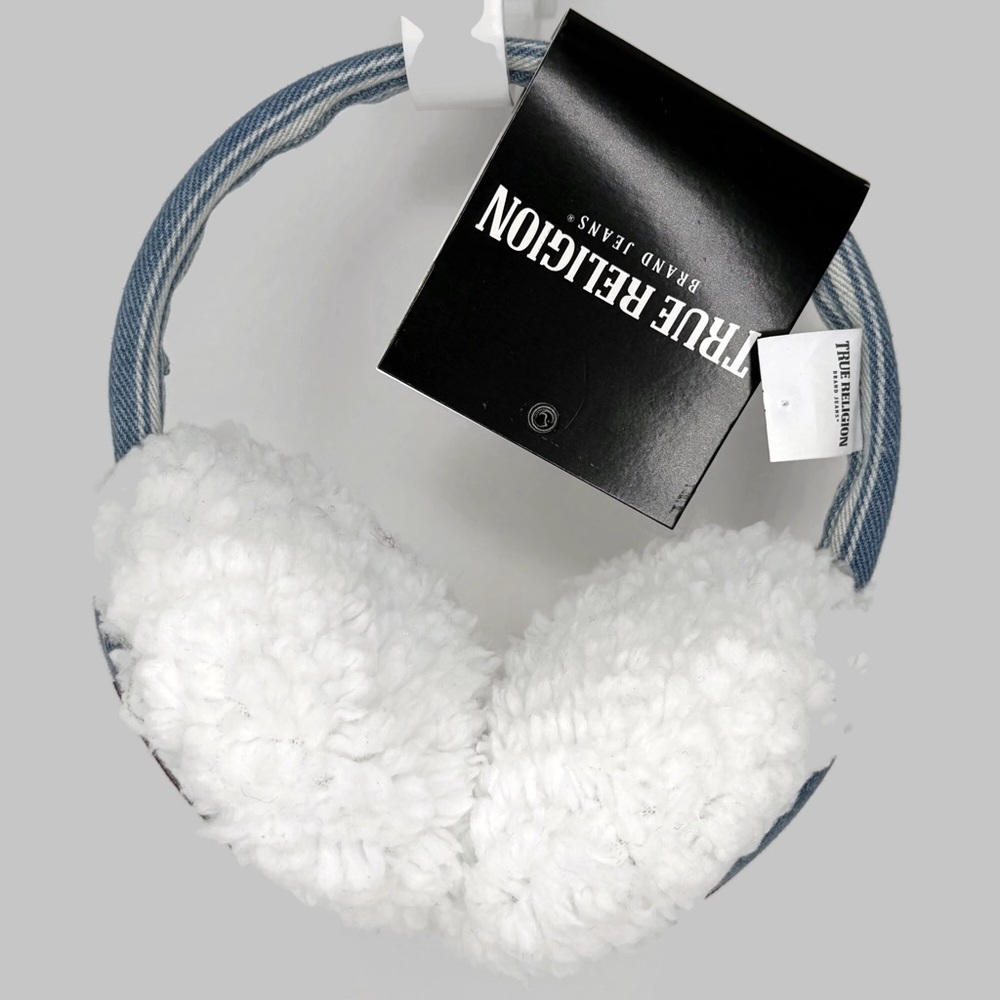 True Religion White Sherpa Ear Muffs with Blue Denim-Trim